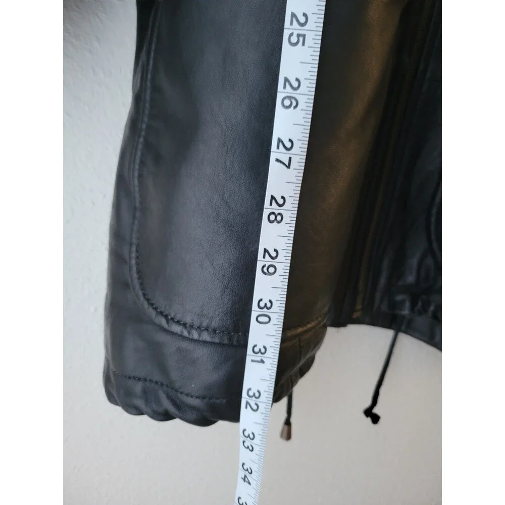 Winlit Vintage Black Leather Hooded Jacket S Longline 90s Y2K Streetwear
